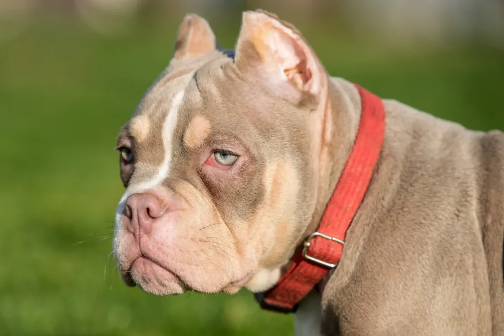 A medium-sized muscular lilac American Bully puppy outside