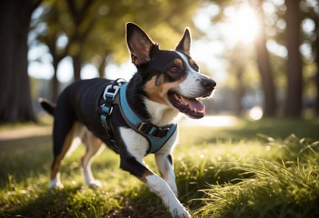 A dog wearing a harness all day, showing both the benefits and drawbacks. The dog looks comfortable and secure, but also has some visible chafing and irritation from the constant wear