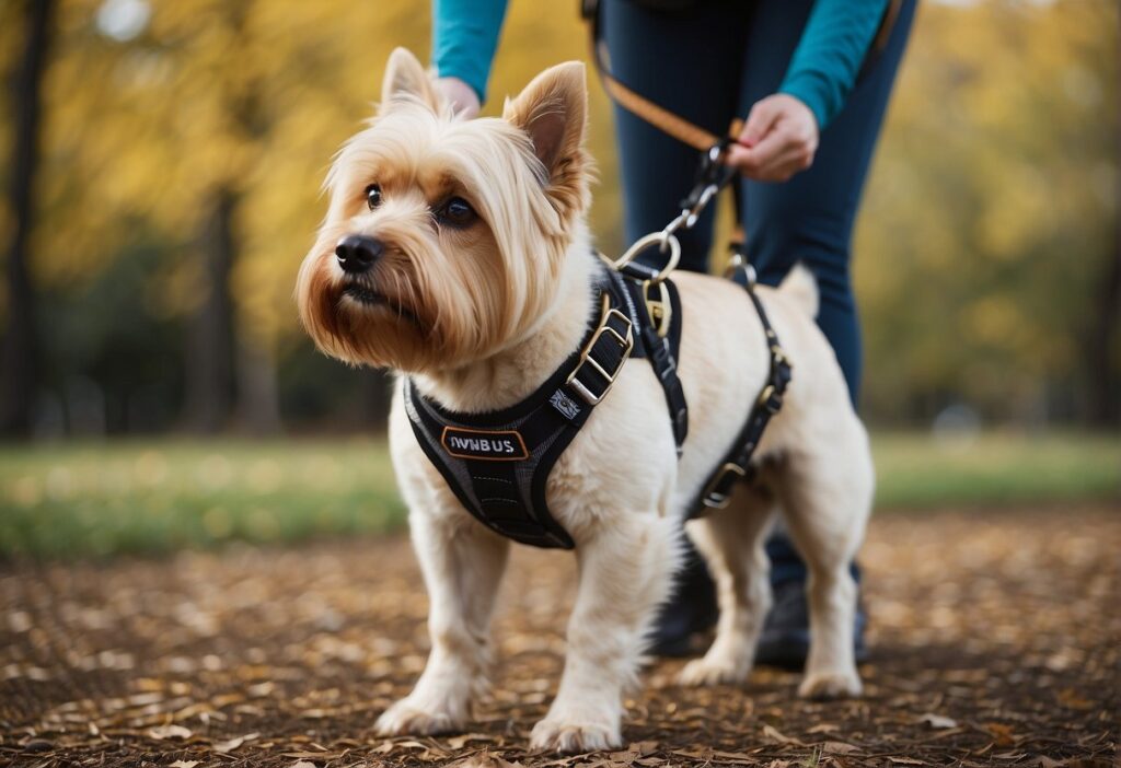 A dog harness is being put on a dog, with proper fit and adjustment. The dog is comfortable and able to move freely