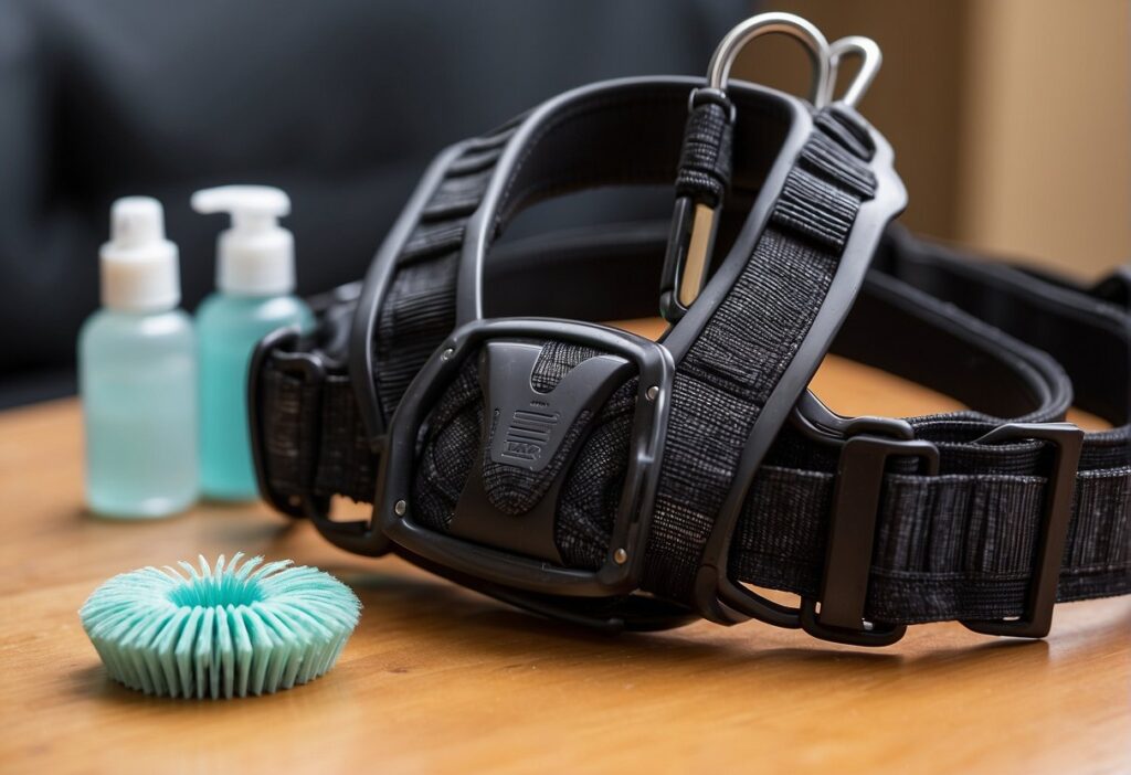 A dog harness lies on a clean surface, next to a bottle of harness cleaner and a brush. The harness is adjustable and sturdy, with reflective strips for safety
