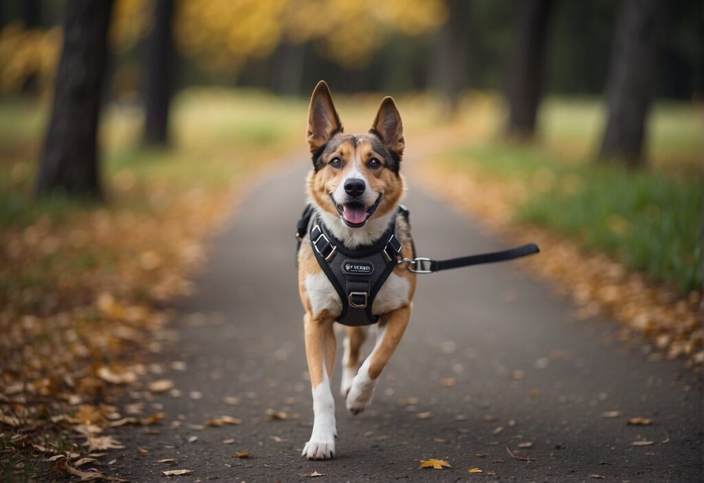 A dog wearing a harness, walking comfortably without strain on its neck