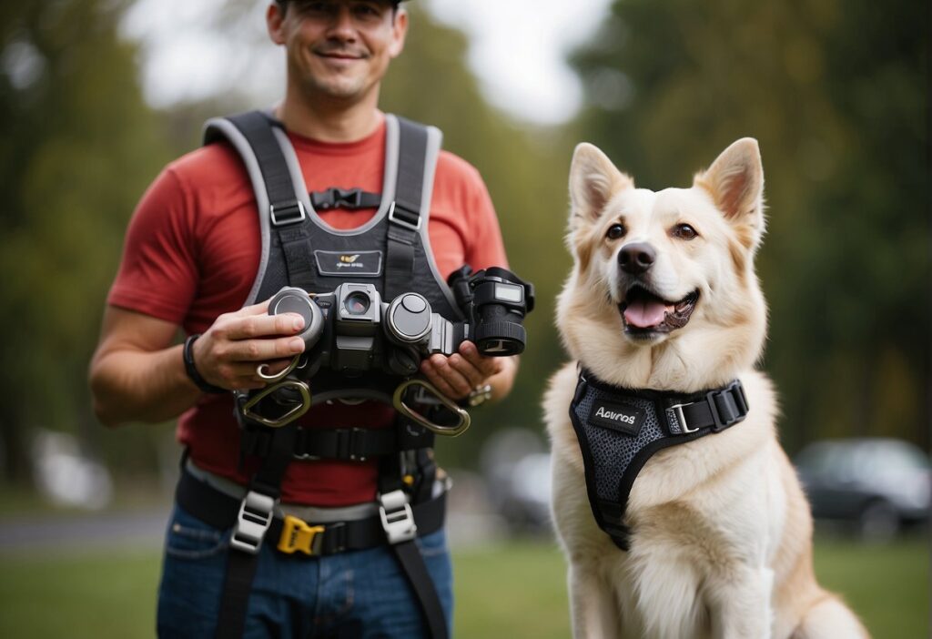 A dog owner holds up different harnesses, examining the fit and design
