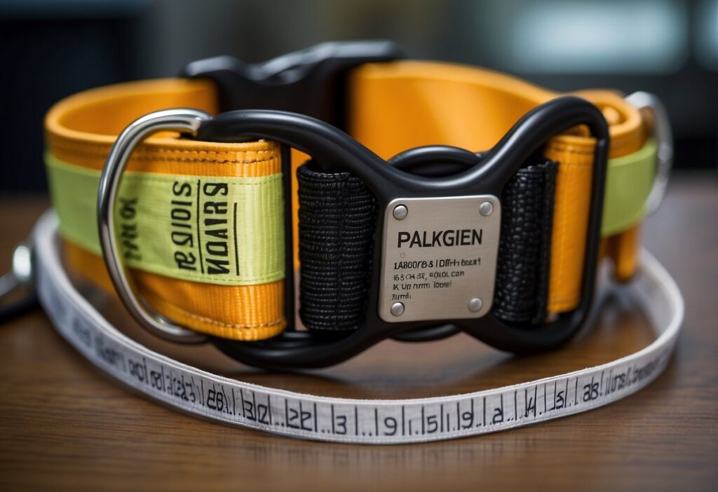 A dog harness displayed with clear labeling and sizing chart