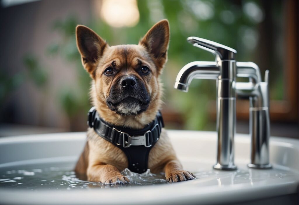 A dog harness is being washed in a sink with soapy water and a brush. It is being rinsed and hung to dry