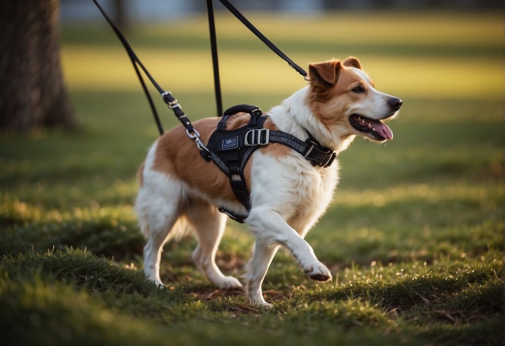 A dog harness is laid flat on the ground. A dog steps into it, and it is lifted and secured around the dog's body