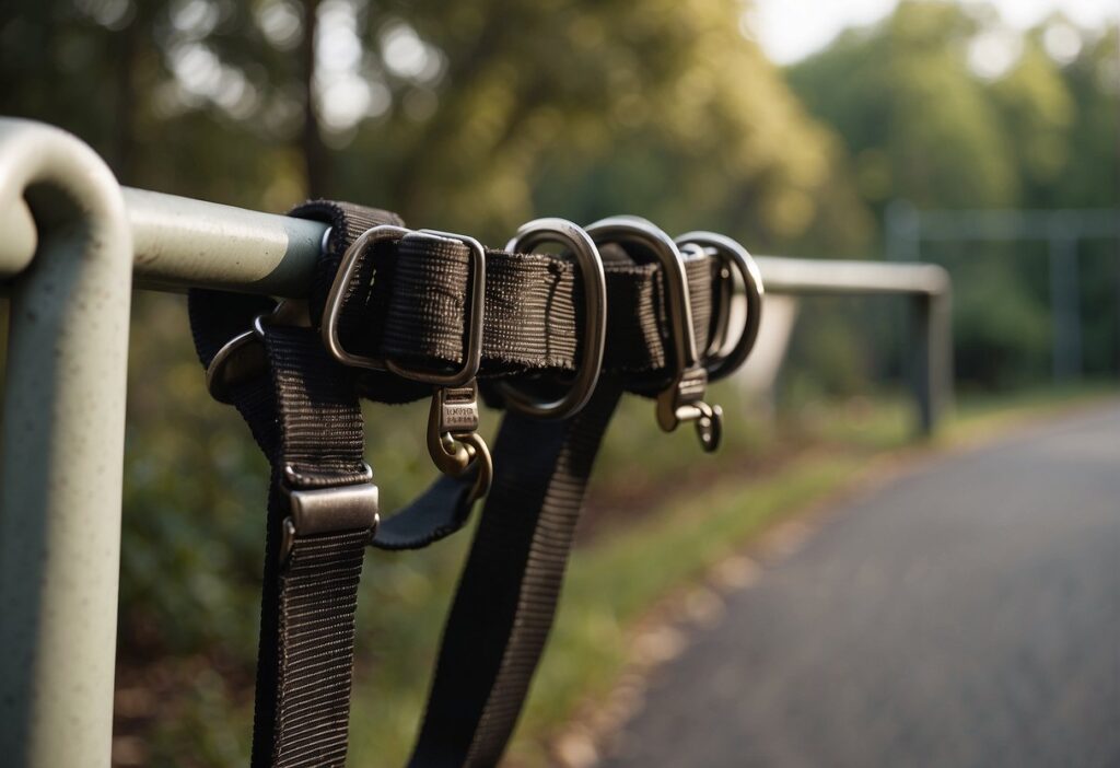 A worn-out dog harness hangs on a hook, with frayed straps and faded colors. A hand reaches for it, pondering if it's time for a replacement