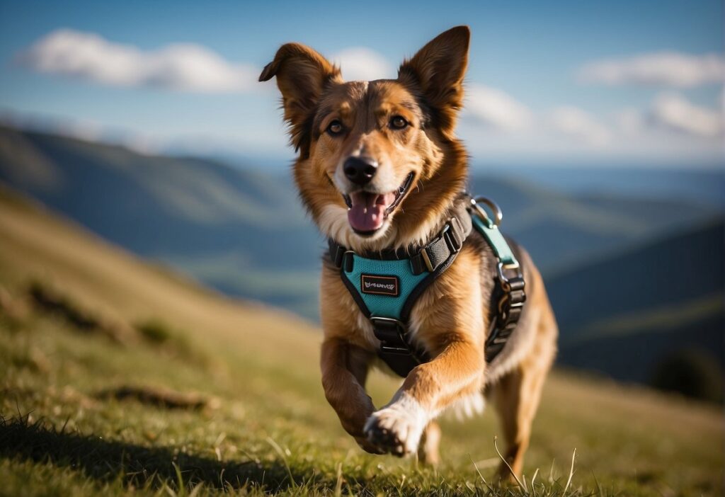 A sturdy dog harness securely fastened on a happy, energetic pup, with no signs of slipping or coming loose during play or walks