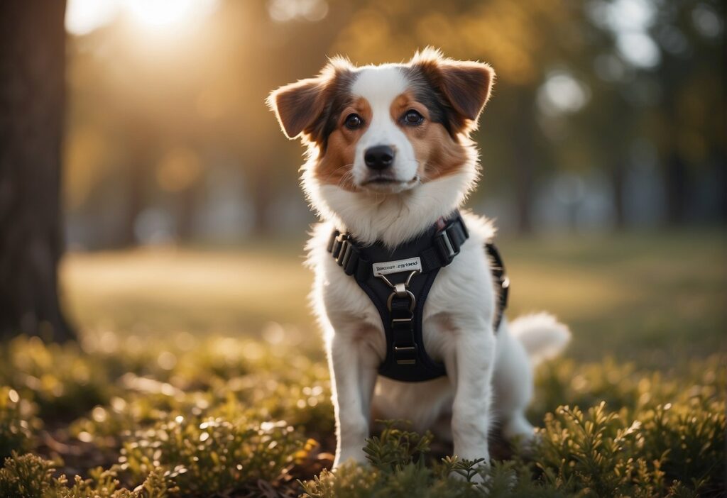 A dog's harness snugly wraps around the chest and ribcage, with enough space for two fingers to fit between the harness and the dog's body. The straps should not be too loose or too tight, allowing for comfortable movement